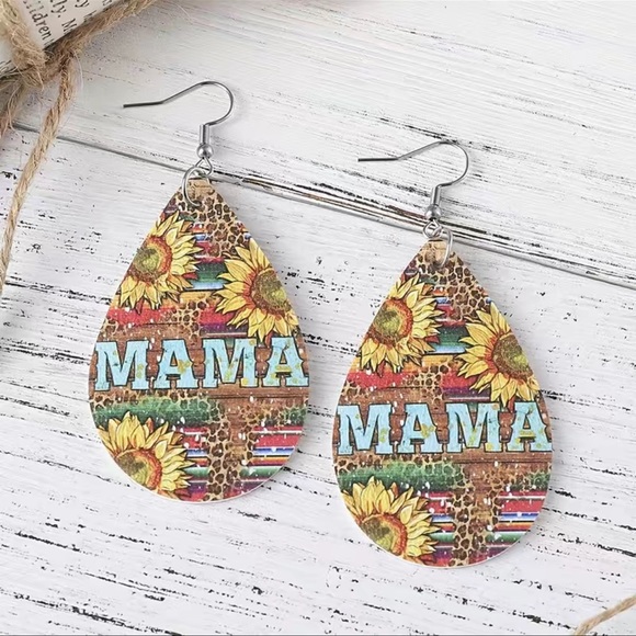 NIP Boho Turquoise MAMA Pattern Sunflower PU Double-sided Water Drop Earrings - Picture 1 of 3